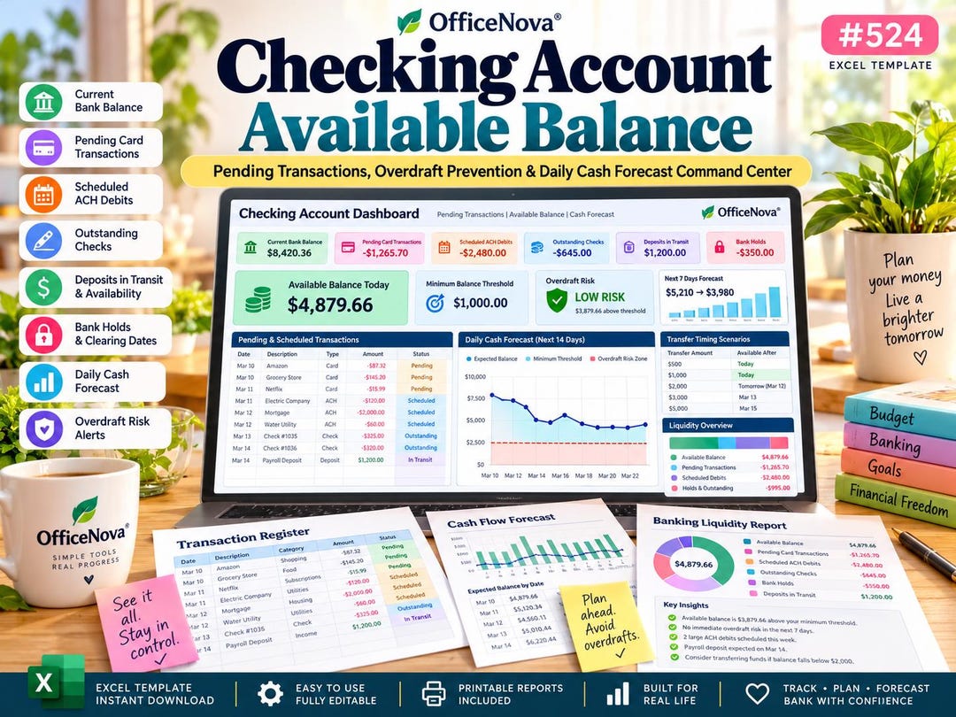 Checking Account Balance Tracker Excel, Pending Transactions, Overdraft ...