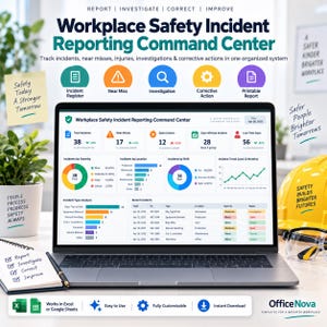 May include: A laptop displaying a Workplace Safety Incident Reporting Command Center dashboard with data visualizations, charts, and tables. The screen shows metrics for incidents, near misses, and corrective actions, alongside a yellow hard hat and notepad.