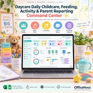 May include: A laptop displaying the OfficeNova Daycare Daily Childcare, Feeding, Activity & Parent Reporting Command Center dashboard. The screen shows data charts for attendance, meals, naps, and activities, surrounded by childcare-themed office supplies.