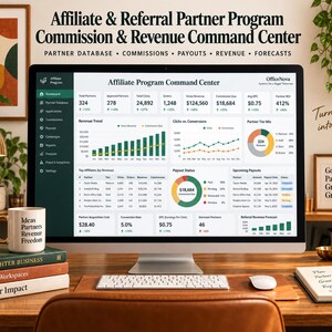 May include: A computer monitor displaying an Affiliate Program Command Center dashboard with data charts, revenue trends, and payout status. The screen shows text including Affiliate Program, OfficeNova, and various financial metrics.