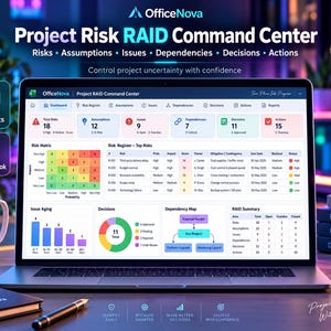 May include: A laptop screen displaying the OfficeNova Project RAID Command Center dashboard, featuring a risk matrix, risk register, issue aging bar chart, decision pie chart, dependency map, and a RAID summary table for project management.