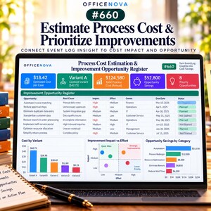May include: A laptop screen displays an OfficeNova Process Cost Estimation and Improvement Opportunity Register dashboard with charts, tables, and data points including $18.42 estimated cost per case and $124,580 total process cost.