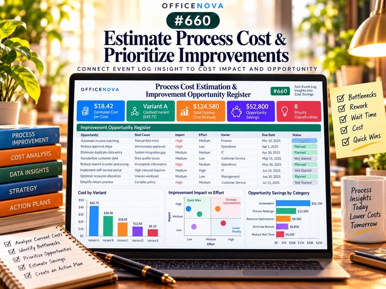 May include: A laptop screen displays an OfficeNova Process Cost Estimation and Improvement Opportunity Register dashboard with charts, tables, and data points including $18.42 estimated cost per case and $124,580 total process cost.