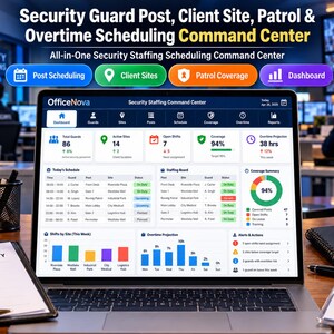 May include: A laptop displaying the OfficeNova Security Staffing Command Center dashboard, featuring data on guard schedules, active sites, and coverage. The screen shows charts, tables, and metrics for security operations management.