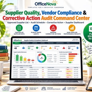May include: A laptop screen displays the OfficeNova Supplier Quality, Vendor Compliance & Corrective Action Audit Command Center dashboard. The interface features data charts, supplier performance metrics, and audit findings in a professional layout.
