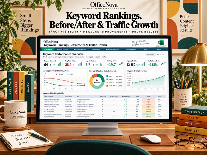 May include: A computer monitor displays an OfficeNova Excel template dashboard titled Keyword Rankings, Before/After & Traffic Growth. The screen shows performance metrics, a keyword ranking trend graph, a pie chart, and a data table.