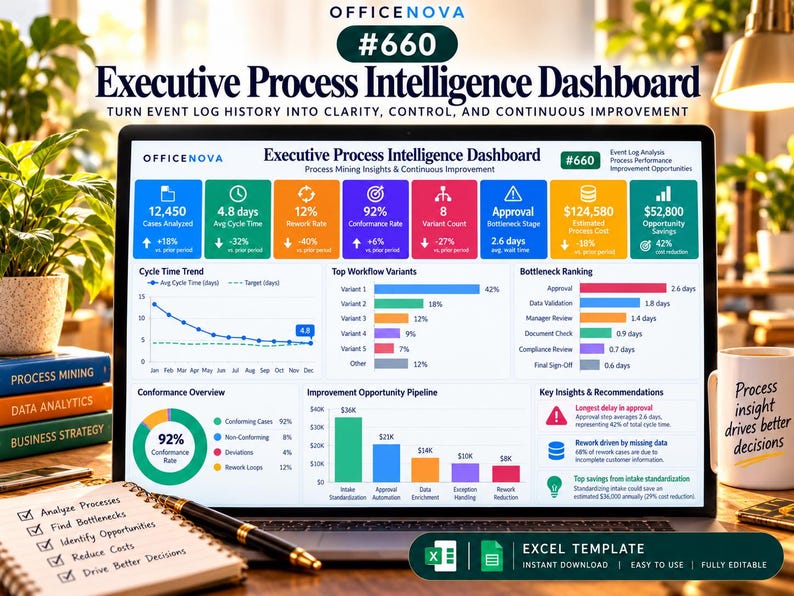 May include: A laptop screen displaying the OfficeNova #660 Executive Process Intelligence Dashboard, featuring colorful data visualizations, bar charts, and metrics for process mining, cycle time trends, and improvement opportunities.