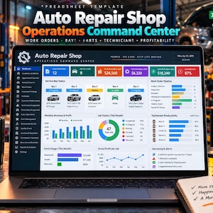 May include: A laptop screen displaying an Auto Repair Shop Operations Command Center spreadsheet template. The dashboard features colorful charts, service bay status, job status, and technician productivity metrics for managing auto shop workflows.