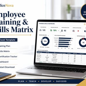 May include: An OfficeNova Employee Training & Skills Matrix Excel template displayed on a laptop screen. The dashboard shows data visualizations, including a training completion donut chart, skills coverage bar graphs, and an employee training table.