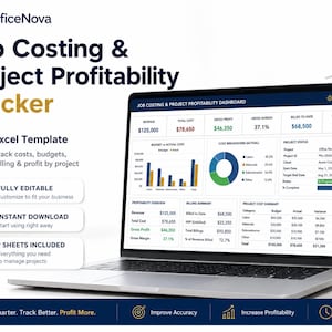 May include: A laptop displaying an OfficeNova Job Costing & Project Profitability Tracker Excel template. The screen shows financial data, charts, and project status tables. Text includes Fully Editable, Instant Download, and 9 Sheets Included.