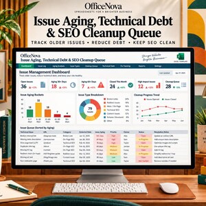 May include: A computer monitor displaying an OfficeNova Issue Management Dashboard with charts and tables for tracking technical debt and SEO issues. The screen shows data on issue aging, type breakdowns, and a cleanup queue, with a keyboard and mouse.