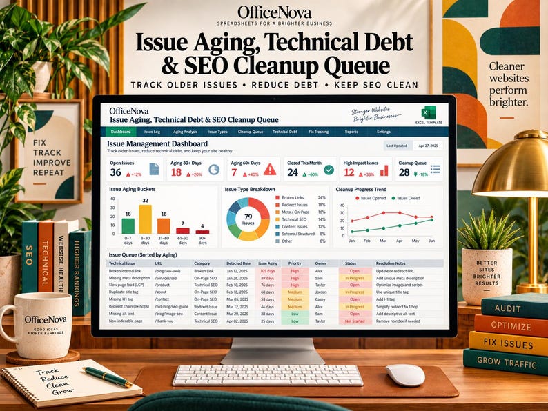 May include: A computer monitor displaying an OfficeNova Issue Management Dashboard with charts and tables for tracking technical debt and SEO issues. The screen shows data on issue aging, type breakdowns, and a cleanup queue, with a keyboard and mouse.