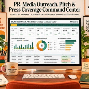 May include: A computer monitor displays the OfficeNova PR, Media Outreach, Pitch & Press Coverage Command Center dashboard with data charts, metrics, and a table. The desk includes a branded mug, a notebook, a pen, and a green journal.