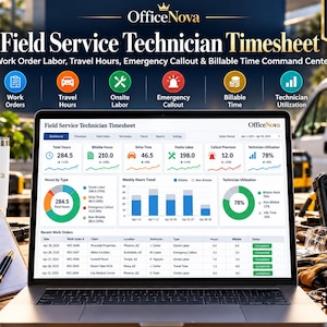 May include: A laptop displaying the OfficeNova Field Service Technician Timesheet dashboard, featuring data on work orders, billable hours, and technician utilization, alongside a clipboard, pen, and a branded tumbler.