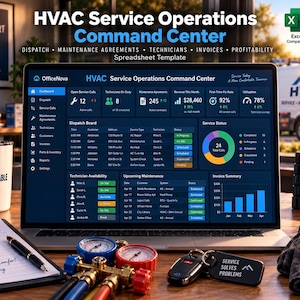 May include: A laptop displaying an HVAC Service Operations Command Center dashboard with data tables, charts, and metrics. Beside it are a branded mug, a clipboard with a checklist, HVAC pressure gauges, a car key fob, and a branded cloth.