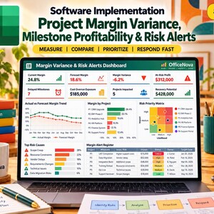 May include: A laptop screen displaying an OfficeNova Margin Variance and Risk Alerts dashboard with data charts, project metrics, and a risk priority matrix. The screen shows financial figures, project status, and alert registers for software implementation management.