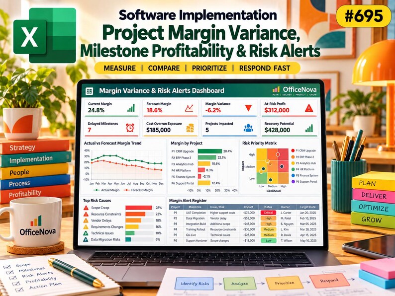 May include: A laptop screen displaying an OfficeNova Margin Variance and Risk Alerts dashboard with data charts, project metrics, and a risk priority matrix. The screen shows financial figures, project status, and alert registers for software implementation management.
