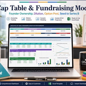 May include: A laptop screen displaying a Cap Table & Fundraising Model dashboard with financial data, charts, and tables. The screen shows text including Executive Cap Table, Fundraising & Equity Dilution Dashboard, and various metrics for founder ownership.