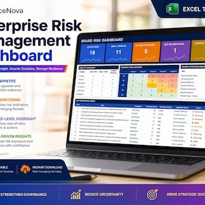 Puede incluir: Un ordenador portátil que muestra una plantilla de Excel para un panel de gestión de riesgos empresariales. La pantalla presenta un panel de riesgos con métricas, un mapa de calor de riesgos y una tabla de riesgos empresariales.