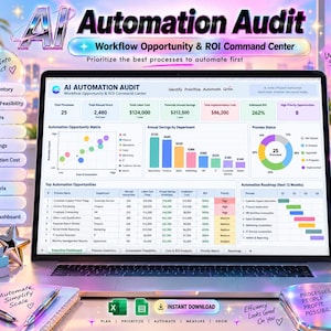 May include: A laptop screen displaying an AI Automation Audit dashboard with charts, tables, and metrics like Total Processes, Manual Hours, and ROI. The interface includes sections for Process Inventory, Automation Feasibility, and a Roadmap.