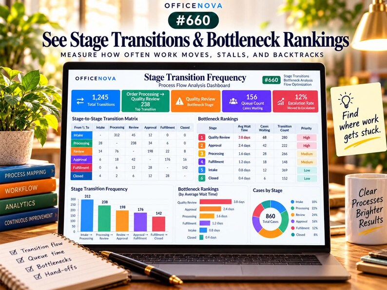 May include: A laptop screen displays an OfficeNova #660 Process Flow Analysis Dashboard with colorful charts, tables, and metrics titled Stage Transition Frequency and Bottleneck Rankings. The screen shows data on work transitions, queue counts, and wait times.