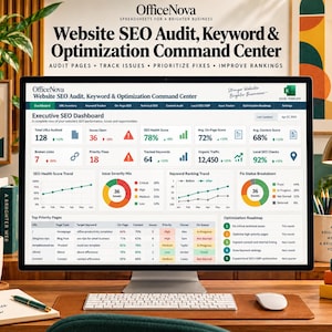 May include: A computer monitor displaying an OfficeNova Website SEO Audit, Keyword & Optimization Command Centre dashboard. The screen shows data metrics, charts, and tables for SEO health, broken links, and keyword rankings in an Excel template.