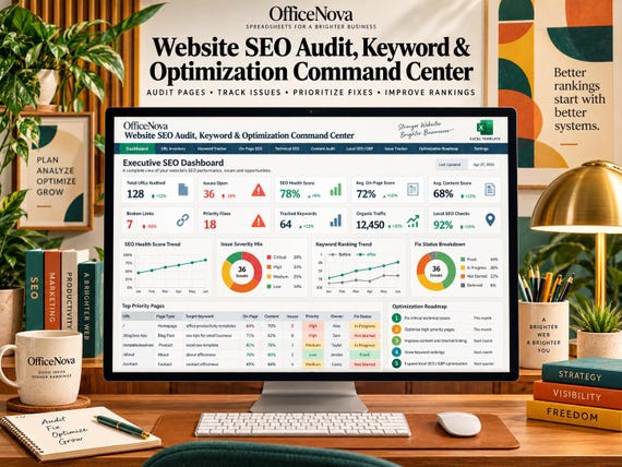 Website SEO Audit Spreadsheet, Keyword Tracker, Technical SEO Dashboard (Excel Template)