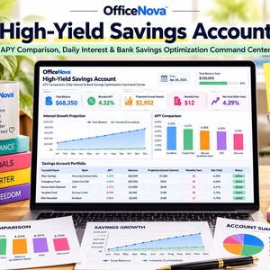 Könnte beinhalten: Ein Laptop-Bildschirm zeigt ein OfficeNova High-Yield Savings Account Dashboard mit Finanzdiagrammen, Tabellen und Daten. Daneben stehen eine Tasse, ein Stapel bunter Bücher, ein Stiftehalter mit Notizen und gedruckte Finanzberichte.