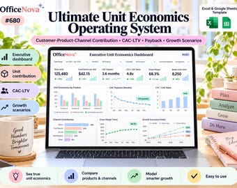 May include: A laptop screen displays the OfficeNova Ultimate Unit Economics Operating System dashboard, featuring charts for CAC-LTV, gross margin, and growth scenarios. The interface includes data for total units, contribution per unit, and payback.