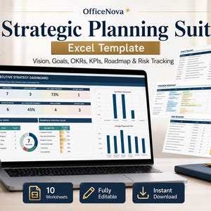 Könnte beinhalten: Ein Laptop-Bildschirm zeigt eine OfficeNova Strategic Planning Suite Excel-Vorlage mit einem Executive Strategy Dashboard, das Diagramme, Tabellen und Metriken für Ziele, OKRs, KPIs und Risikoverfolgung sowie drei kleinere Dokumentenvorschauen enthält.