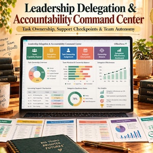 May include: A laptop screen displays the Leadership Delegation & Accountability Command Center dashboard with colorful charts, task lists, and metrics. Printed reports, a mug with text, and books labeled Leadership, Teamwork, and Productivity are present.