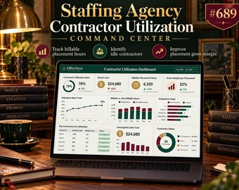 Staffing Agency Contractor Utilization Excel Template | Bench Cost, Billable Hours Dashboard (Digital Download)