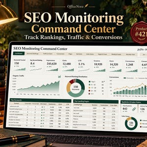 May include: A laptop screen displaying an SEO Monitoring Command Center dashboard with data tables, line graphs, and a pie chart. The interface shows metrics like keyword rankings, traffic, and conversions, with the text SEO Monitoring Command Center.