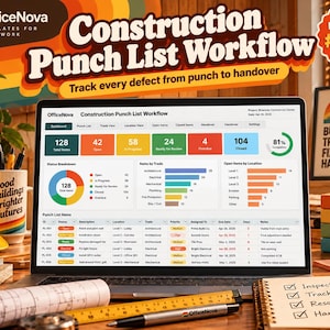 Peut inclure: Un écran d'ordinateur portable affiche un tableau de bord Construction Punch List Workflow avec des graphiques colorés, des indicateurs de statut et un tableau de projet. Le texte OfficeNova, Construction Punch List Workflow et Product #584 est visible.