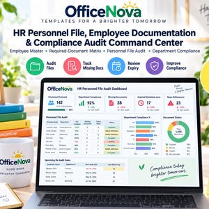 Puede incluir: Un panel digital de archivos de personal y auditoría de cumplimiento de RR. HH. en la pantalla de una computadora portátil. La interfaz muestra tablas de datos, gráficos y métricas para la documentación de empleados de OfficeNova.