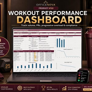 May include: A laptop displaying a Workout Performance Dashboard with data tables and charts, surrounded by a maroon shaker bottle, a smartwatch, a 25-pound dumbbell, and a branded towel. The screen shows fitness metrics and Google Sheets branding.
