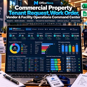 May include: A laptop displaying the OfficeNova Commercial Property Tenant Request, Work Order, Vendor & Facility Operations Command Center spreadsheet template, featuring data dashboards, charts, and schedules for facility management.