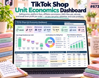 May include: A digital dashboard titled TikTok Shop Unit Economics Dashboard displayed on a laptop screen, featuring data tables, a pie chart, and a bar graph for analyzing selling prices, platform fees, and profit margins per order.
