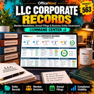 May include: A laptop displaying an OfficeNova LLC Corporate Records Command Center dashboard, surrounded by stacked binders labeled Operating Agreement, Member Resolutions, Annual Filings, and Corporate Records, a notebook, and a mug.
