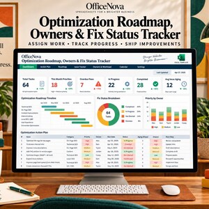 May include: A computer monitor displaying an OfficeNova Optimization Roadmap, Owners & Fix Status Tracker Excel template. The dashboard features data tables, a timeline, a donut chart, and a priority bar chart for tracking website tasks.