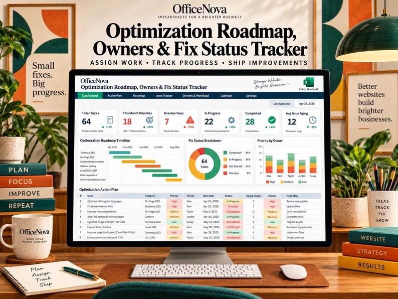 May include: A computer monitor displaying an OfficeNova Optimization Roadmap, Owners & Fix Status Tracker Excel template. The dashboard features data tables, a timeline, a donut chart, and a priority bar chart for tracking website tasks.