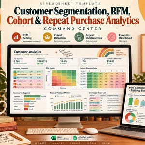 Könnte beinhalten: Eine digitale Tabellenkalkulationsvorlage für Kundensegmentierung, RFM-Analyse und Kohorten, dargestellt auf einem Computermonitor und Laptop-Bildschirm. Das Dashboard enthält farbenfrohe Diagramme, Tabellen und Kennzahlen zur Verfolgung von Umsatz, Wiederholungskaufraten und Kundenbindungsdaten.