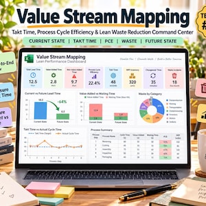 Value Stream Mapping Excel Template | Takt Time, PCE, Lean Waste Reduction (Digital Download)