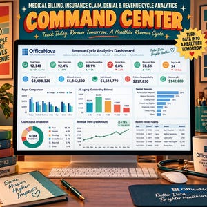 Può includere: Un monitor di computer che mostra una dashboard di analisi del ciclo delle entrate OfficeNova con varie metriche finanziarie, grafici a barre e a linee. Lo schermo presenta dati sulla fatturazione medica e sui reclami assicurativi.