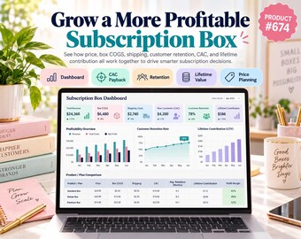 May include: A laptop screen displaying a Subscription Box Dashboard with financial metrics, including Total Revenue, Box COGS, Shipping Costs, New Customers, Customer Retention, and Lifetime Contribution, alongside a product comparison table.