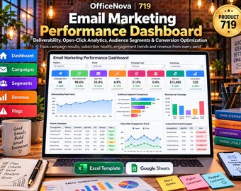 Email Marketing Performance Dashboard | Newsletter Analytics, CTR, CTOR, A/B Tests (Excel Template)