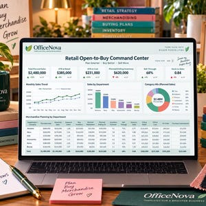 Może przedstawiać: Ekran laptopa wyświetlający pulpit nawigacyjny OfficeNova Retail Open-to-Buy Command Center z tabelami danych, wykresem liniowym trendów sprzedaży, wykresem słupkowym według działów i wykresem kołowym, otoczony przyborami biurowymi.
