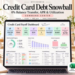 Credit Card Debt Snowball Tracker | APR, Utilization, Balance Transfer (Excel/Google Sheets)