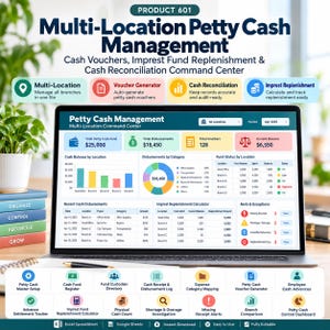 May include: A laptop screen displaying a Multi-Location Petty Cash Management dashboard. The interface includes charts, tables, and financial data for cash funds, disbursements, and vouchers. Text includes Product 601 and various management features.
