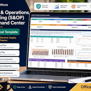 Może przedstawiać: Ekran laptopa z szablonem Excel OfficeNova dla centrum dowodzenia planowaniem sprzedaży i operacji. Pulpit nawigacyjny zawiera tabele danych, wykresy słupkowe i liniowe śledzące wskaźniki popytu, podaży, zapasów i finansów.